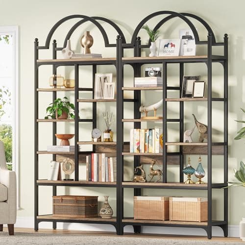 8-Tier Industrial Arched Bookshelf, 71 Inch Tall, Rustic Brown, Ideal for Living Room, Bedroom, and Home Office