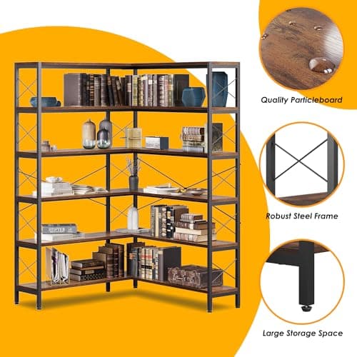 Vintage Industrial 6-Shelf Corner Bookshelf