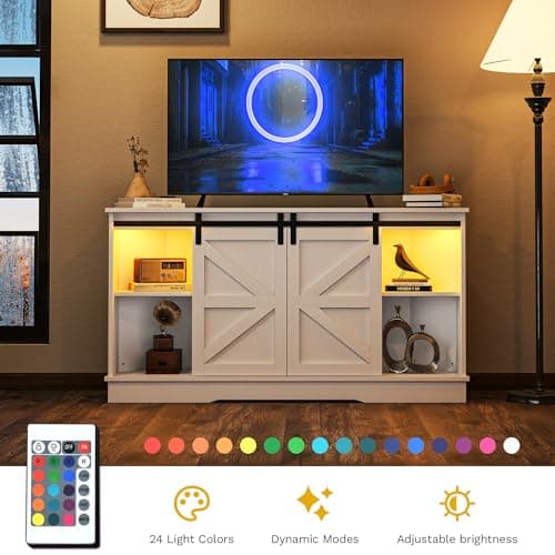 DWVO 65-Inch Corner TV Stand with Sliding Barn Door, Power Outlet, and LED Light - White Media Console, 15.7D x 58W x 31.1H
