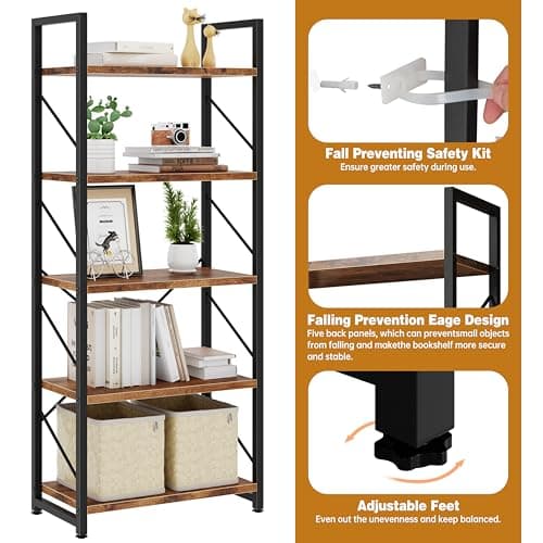 5-Tier Rustic Brown Home Office Bookshelf, Storage Organizer