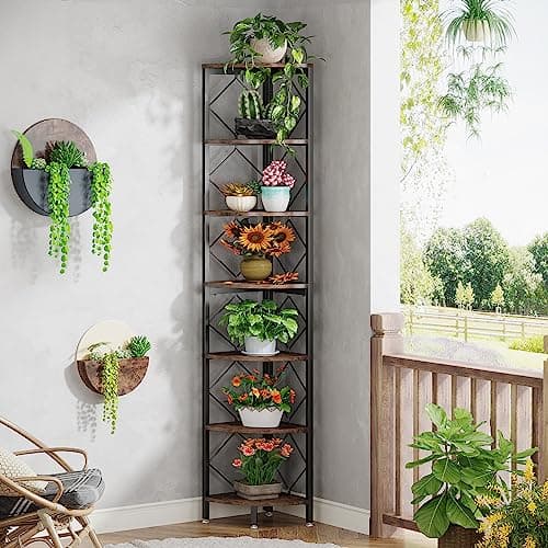 7-Tier Extra Tall Industrial Wood Corner Shelf for Small Spaces