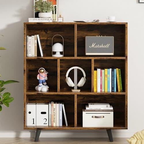 Vongrasig 7 Cube Bookshelf, Mid-Century Modern Wooden Storage Organizer
