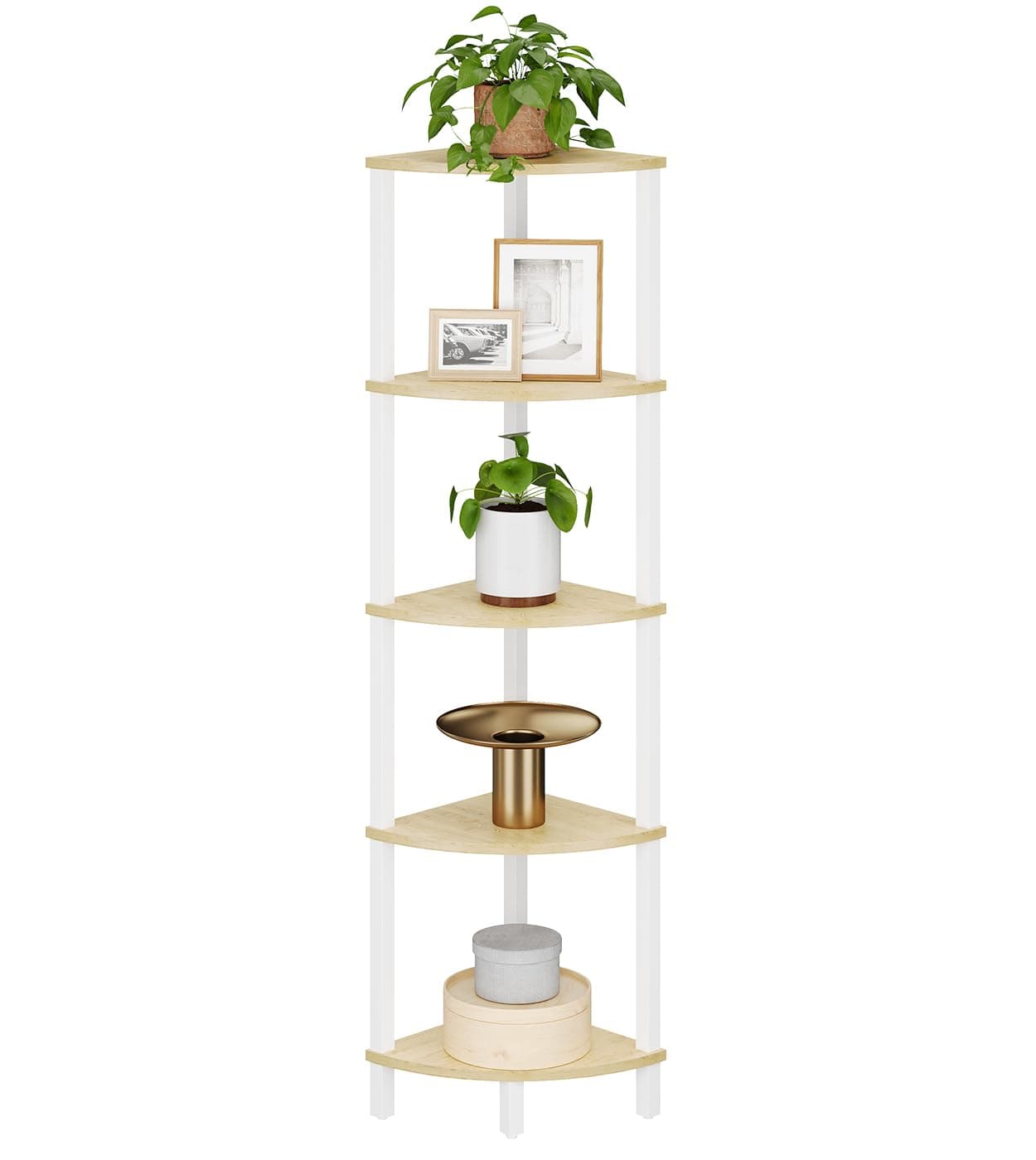 5-Tier Industrial Ladder Shelf, White & Nature Wood, UJSJ001Q