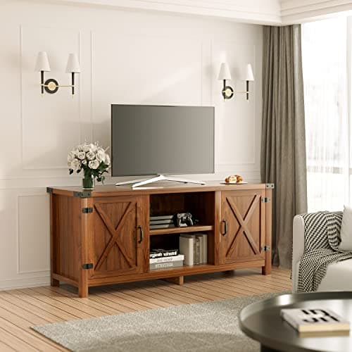 65 Inch Farmhouse TV Stand with Barn Doors and Storage Cabinets (Walnut)