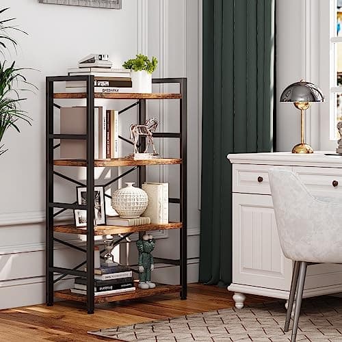 Rustic Brown 4 Tier Bookshelf for Living Room, Bedroom, Home Office