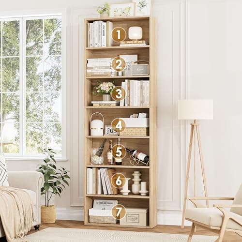 82" Tall Light Oak Bookshelf with 7-Tier Shelves for Home Office, Living Room, Bedroom