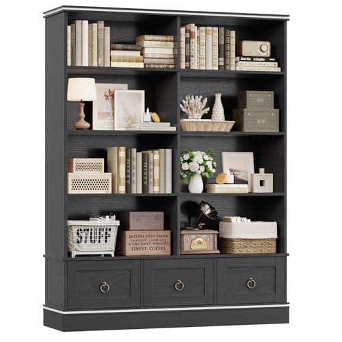 HOSTACK Farmhouse 47" Wide Bookcase with Drawers & 5 Tier Shelves, 63" Tall Storage UnitAsh Grey
