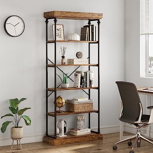 Vintage Industrial 6-Tier Wood Bookshelf Tall Display Rack