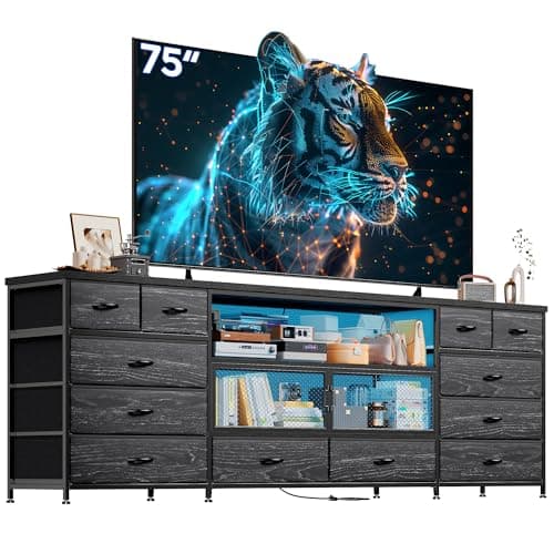 EnHomee 71" TV Stand for 85/80/75 Inch TVs with LED & Charging, Large White Console
