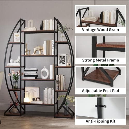 70" Tall Large Oval Bookshelf, 5 Tier Industrial Etagere Furniture