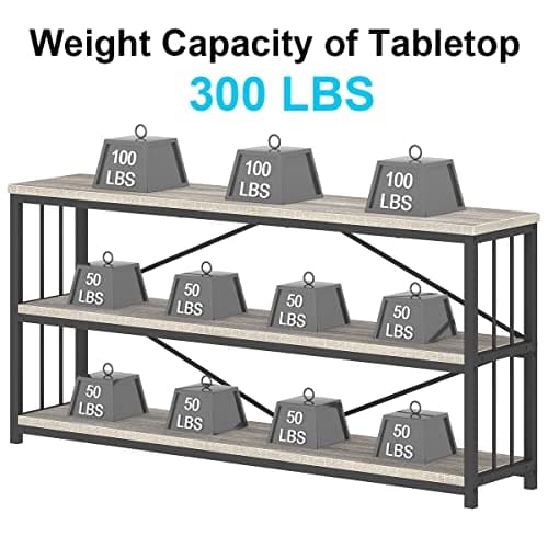 Industrial Modern 3 Tier Grey Rustic Metal and Wood Bookshelf, 63" Wide, Light Grey Oak, Living Room and Bedroom Storage