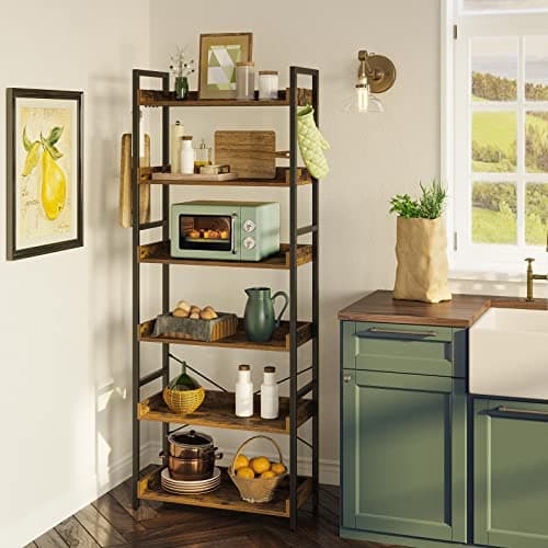 Rolanstar Industrial 6-Tier Bookshelf with Hooks, Rustic Brown for Living Room, Bedroom