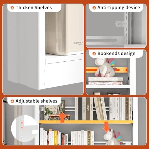 70.9" White Metal Bookshelf, 5-Tier Heavy Duty Shelf for Living Room, Office, Library