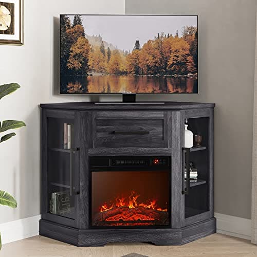 BELLEZE 43 Corner TV Stand with 18 Electric Fireplace for TVs up to 43 - Dale (Rustic Grey)