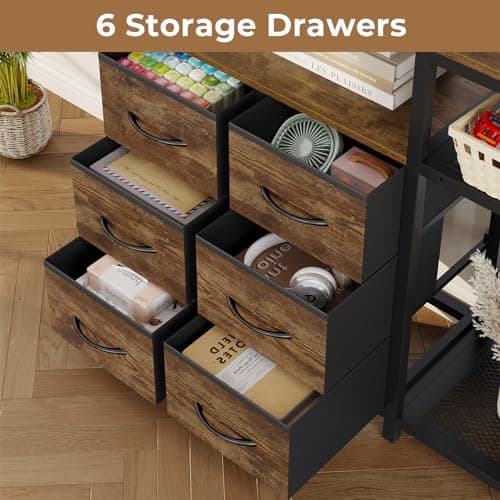 7-Tier Industrial Corner Bookshelf with Fabric Drawers - Rustic Brown