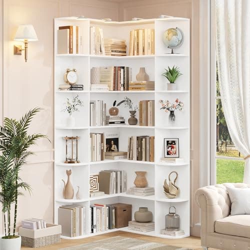 Fotosok 74" L-Shaped Tall Corner Bookshelf, 6-Tier Black Wood Storage