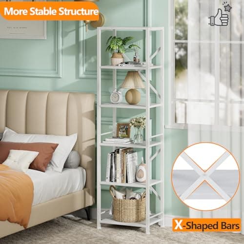 Furologee White Tall Bookshelf with 6 Shelves for Living Room and Home Office