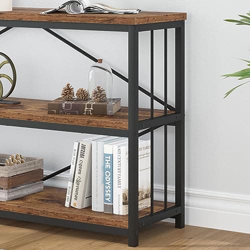 Rustic 3 Tier Bookshelf, Industrial Horizontal Wood Bookcase, Vintage Metal Etagere for Home Office Bedroom Living Room