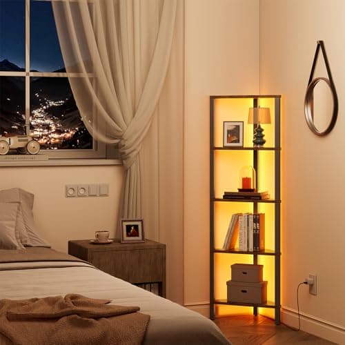 TUTOTAK Rustic Brown 5-Tier LED Corner Shelf for Small Spaces