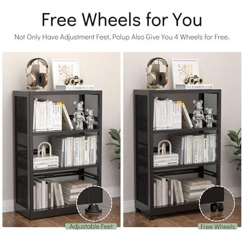 Heavy Duty Black Metal 3 Tier Rolling Bookshelf with Adjustable Feet - Assembly Required
