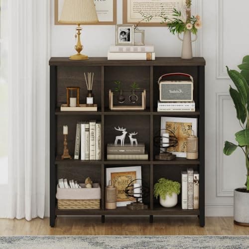 FATORRI 9 Cube Storage Bookshelf, Walnut Brown, Modern 4-Shelf Home Office