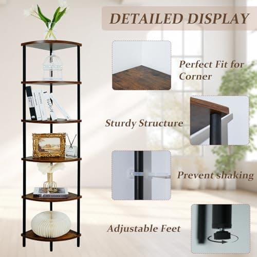 6-Tier Corner Shelf Stand for Living Room, Bedroom, Home Office