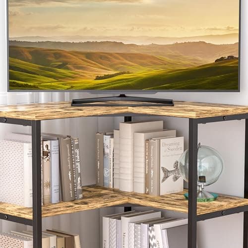 VECELO 40 Modern Corner TV Stand with Open Shelves for Living Room and Bedroom, Grey