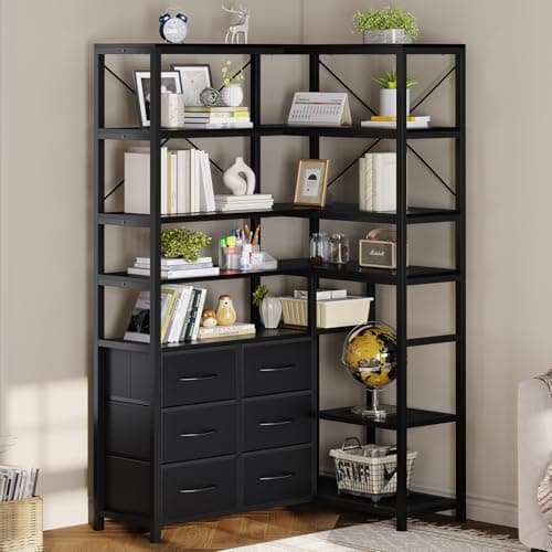 7-Tier Industrial Corner Bookshelf with Fabric Drawers - Rustic Brown