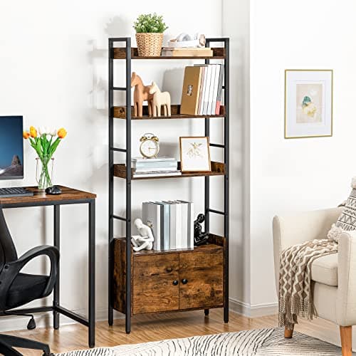 HOOBRO BF46SJ01 4-Tier Rustic Brown Bookshelf with Doors
