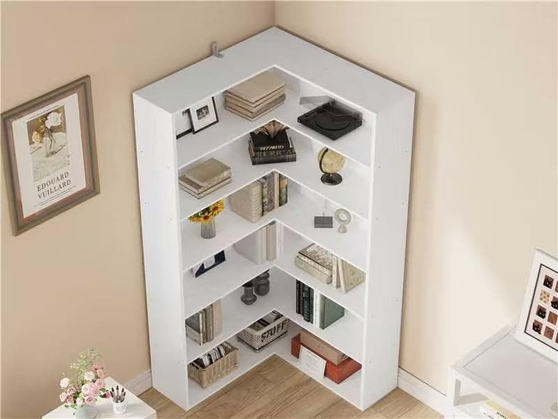 ANCTOR White 6-Tier Corner Bookshelf with Baffles for Living Room and Home Office