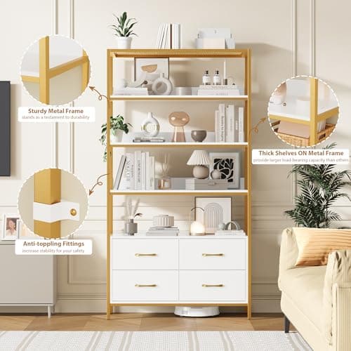 HITHOS 5 Tier Modern Wood Bookshelf with Drawers, 71" Tall Storage Cabinet