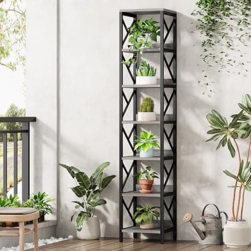 Extra Tall Narrow 78.7 Inch Bookshelf, 7 Tier Gray Brown Storage Organizer for Home Office