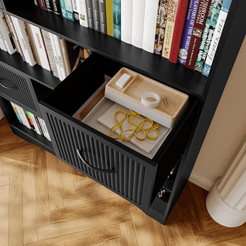 Tall Black 48" Modern 5-Tier Bookshelf with Drawers and StorageBins