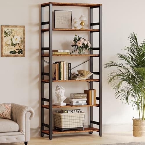 IRONCK Vintage Brown 6 Tier 31.5in Wide Bookshelf for Home Office, Living Room & Bedroom
