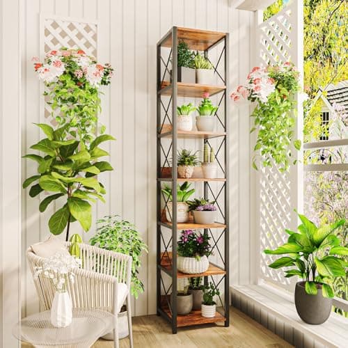 IBUYKE 6-Tier Tall Narrow Bookcase, Rustic Brown for Small Spaces