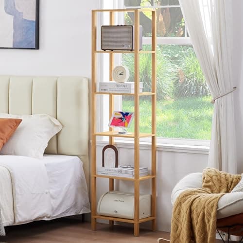 66in Tall Narrow Bookshelf with Storage, Farmhouse Style, Wood Display Shelf for Living Room, Natural Wood