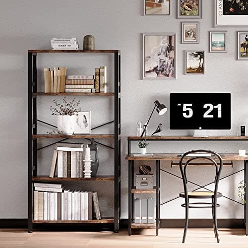 Vintage Brown 5-Tier Iron Bookcase, 31.5in Wide Shelf, Bedroom & Living Room