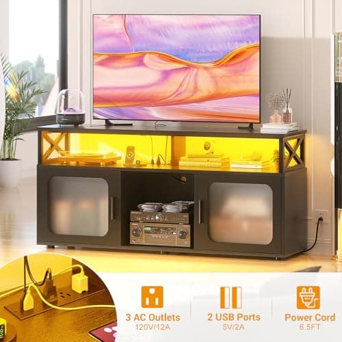 Modern TV Stand for 55-60 Inch TV with LED Light, Charging Station, and Soundbar Shelf