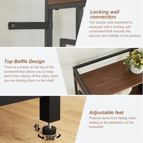 Industrial Double Wide 5-Tier Bookshelf for Home Decor - Rustic Brown