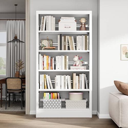 70.9" White Metal Bookshelf, 5-Tier Heavy Duty Shelf for Living Room, Office, Library