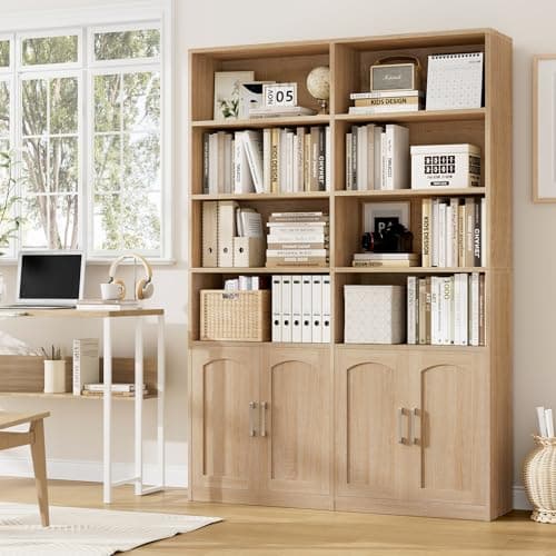 Double Wide Large 6 Tier Oak Bookshelf with Doors and Storage Cabinets