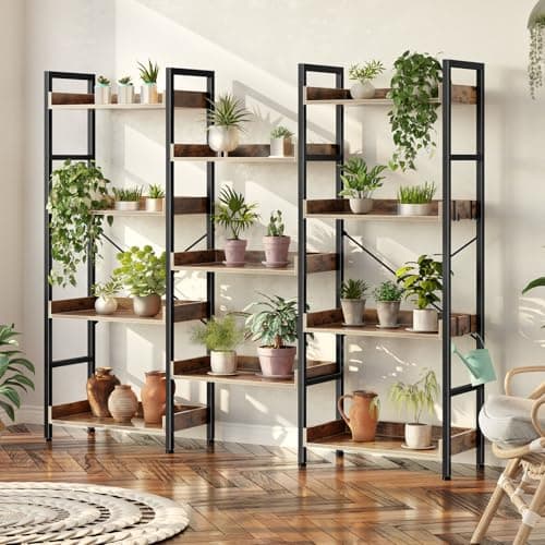 Rolanstar Industrial Wide Bookshelf with Metal Frame, Rustic Brown, 4 Tiers + 4 Hooks