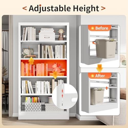 70.9" White Metal Bookshelf, 5-Tier Heavy Duty Shelf for Living Room, Office, Library