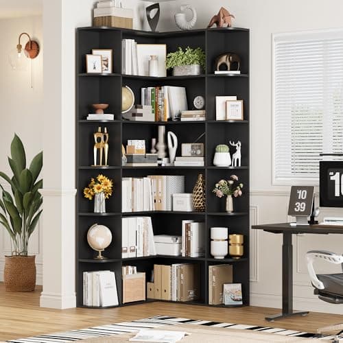 Fotosok 74" L-Shaped Tall Corner Bookshelf, 6-Tier Black Wood Storage
