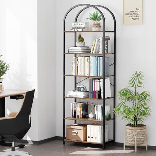 Homhedy 6-Tier Arched Wood & Metal Bookshelf, Tall Standing Display Unit, Rustic Brown