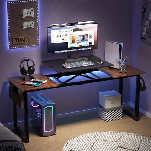 Decoholic 63-Inch Industrial Modern Home Office Desk with Storage Bag and Hook - Black and Sandalwood