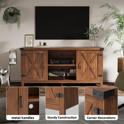 65 Inch Farmhouse TV Stand with Barn Doors and Storage Cabinets (Walnut)