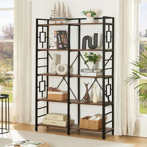 Industrial Double Wide 5-Tier Bookshelf for Home Decor - Rustic Brown
