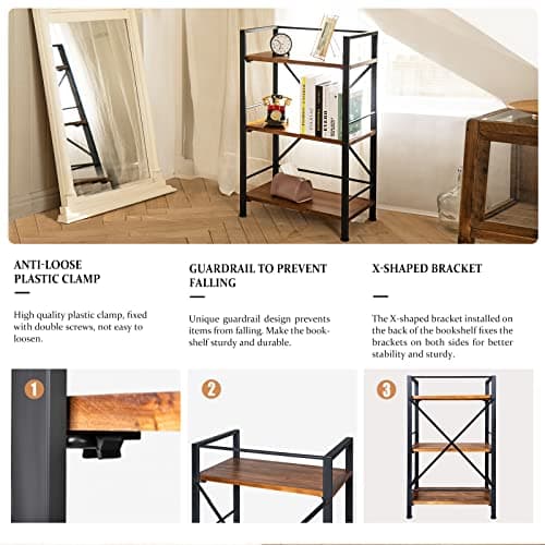 Crofy Rustic 3 Tier Wood Bookshelf, Black Storage Case