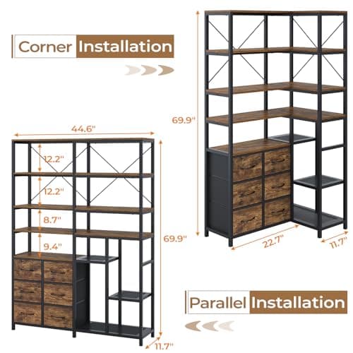 7-Tier Industrial Corner Bookshelf with Fabric Drawers - Rustic Brown
